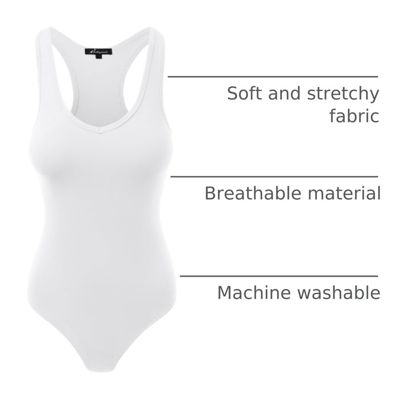 HATOPANTS Racerback Tank Top Bodysuits Sleeveless Sexy V-Neck Cotton Jumpsuits White L - Image 4